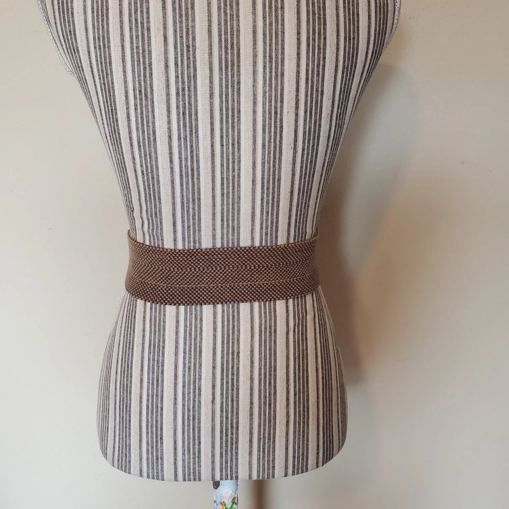 Brown‎ Leather Woven Elastic Cinch Waist Belt Brass Ring Toggle sz Small